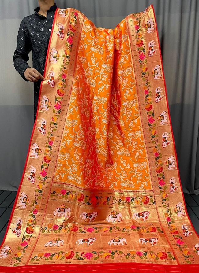 Silk Orange Traditional Wear Paithani Saree